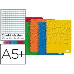Cuaderno LIDERPAPEL espiral 4º cuadrícula 4mm 80h 60gr, tapa blanda 400gr de colores surtidos
