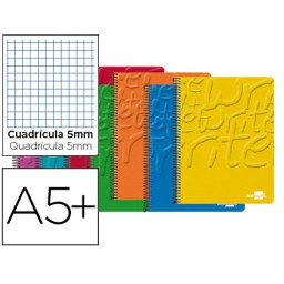 Cuaderno LIDERPAPEL espiral 4º cuadrícula 5mm 80h 60gr, tapa blanda 400gr de colores surtidos