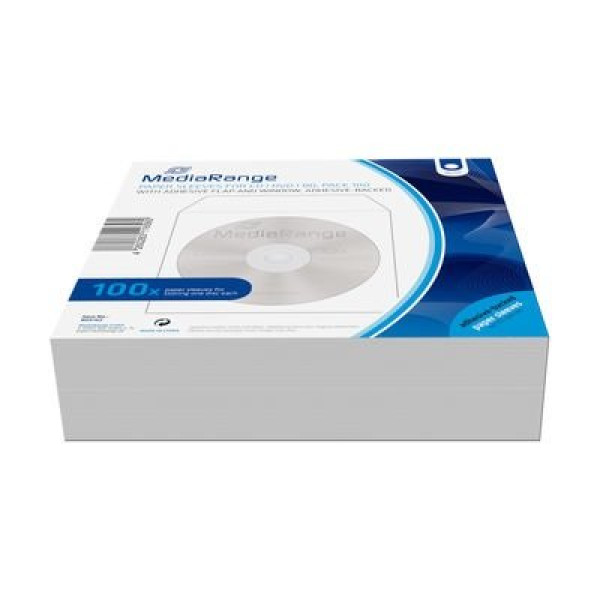 (100) funda MEDIARANGE CD/DVD sobre papel blanco con ventana y banda adhesiva, 124x124mm