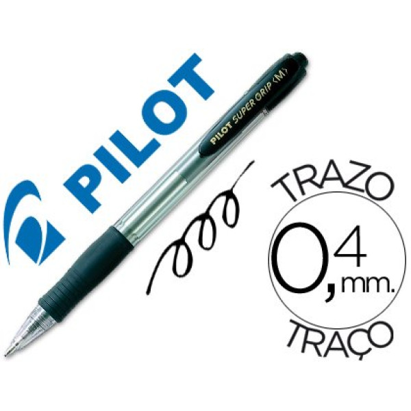 Bolígrafo PILOT Super grip retráctil negro Tinta aceite. Trazo 0,4mm. Medium 1.0.
