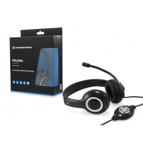 Auriculares CONCEPTRONIC Polona de diadema biaural con micrófono, estéreo, USB 1,80m, color negro