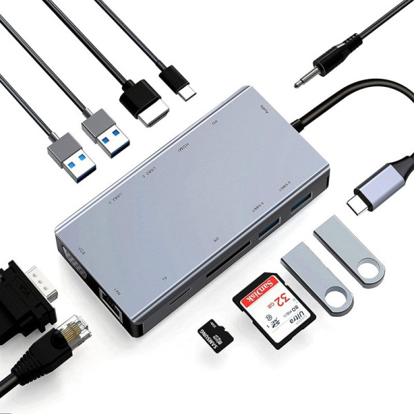Hub USB 11en1 ABLEWE 1xType-C +2xUSB 3.0+ 2xUSB2.0+VGA+1xEth.RG45+1xHDMI 4K+2xtarj.SD/TF