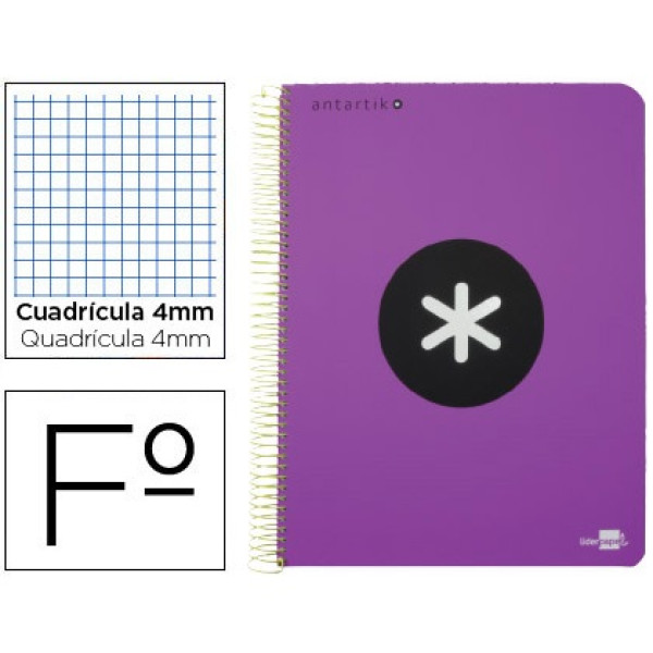 Cuaderno ANTARTIK espiral folio tapa violeta 100gr. 80h cuadrícula 4mm con margen Cuaderno ANTARTIK espiral folio tapa violeta 100gr. 80h cuadrícula 4mm con margen