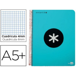 Cuaderno ANTARTIK espiral A5 tapa azul turquesa 100gr. 80h cuadrícula 4mm con margen