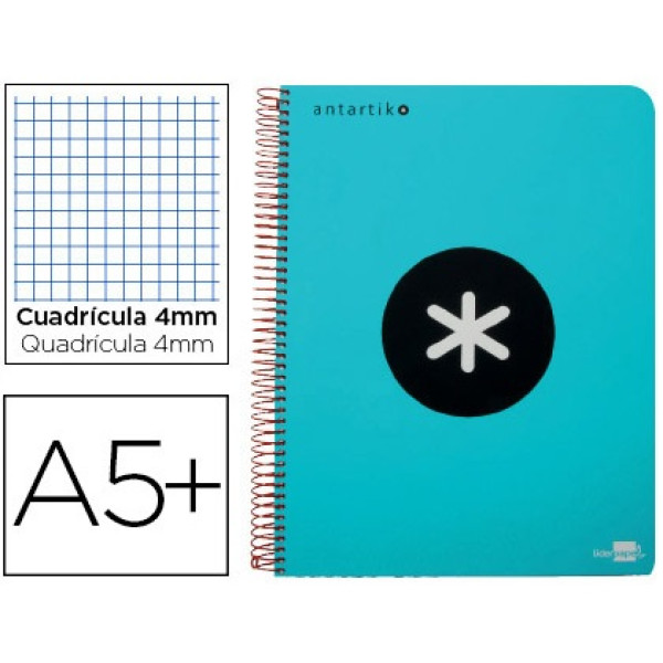 Cuaderno ANTARTIK espiral A5 tapa azul turquesa 100gr. 80h cuadrícula 4mm con margen