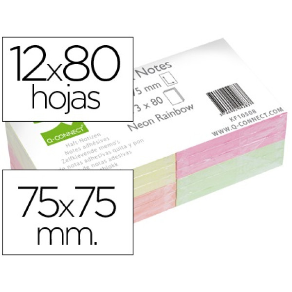 (12) Block notas adhesivas Q-CONNECT 75x75 80 h. Fluorescentes, 4 colores