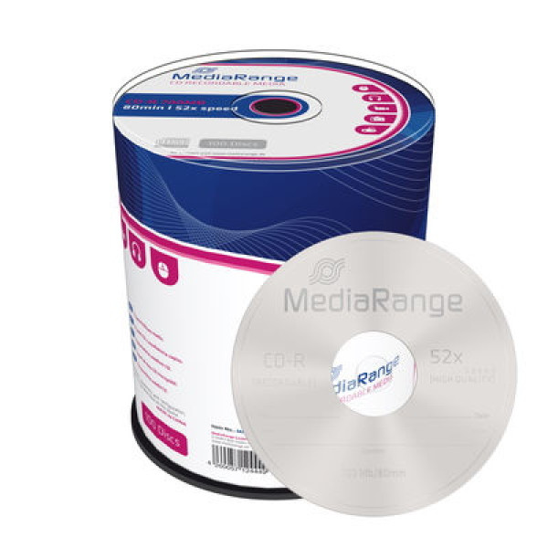 (T100) CD-R MEDIARANGE 700MB 80min 52x speed Tarrina-100 (superficie plateada no imprimible)