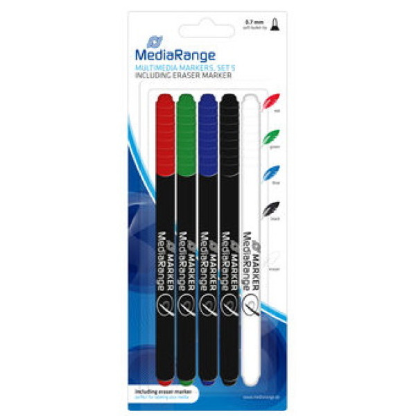 (5) Rotuladores MEDIARANGE para CD/DVD punta 0,7mm negro/azul/verde/rojo y rotulador borrador