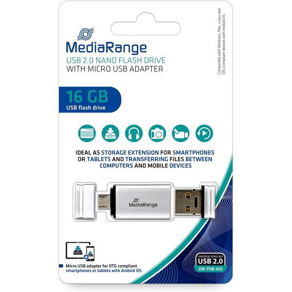 Memoria USB OTG MEDIARANGE nano 16GB con microUSB doble conector - transfer.datos móvil y ordenador