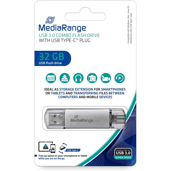 Memoria USB OTG MEDIARANGE combo 32GB con USB-C doble conector - transfer.datos móvil y ordenador