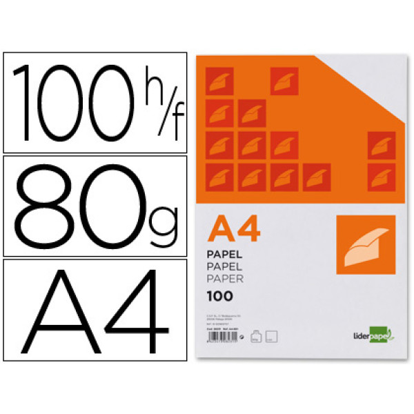 Paquete 100 h. LIDERPAPEL A4 blanco 80gr.