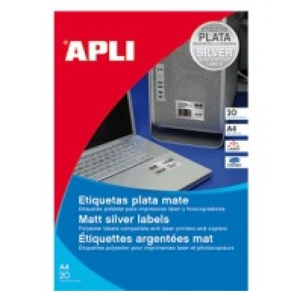 Etiq.APLI poliéster plata 63,5x29,6 540un. 20A4