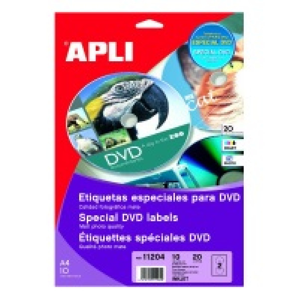 Etiq.APLI DVD 10A4 blanco mate 20u. poliést.fotog.alta temper