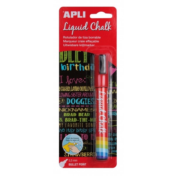 (1) Liquid Chalk APLI punta redonda 5,5mm rojo rotulador de tiza líquida, fácil de borrar