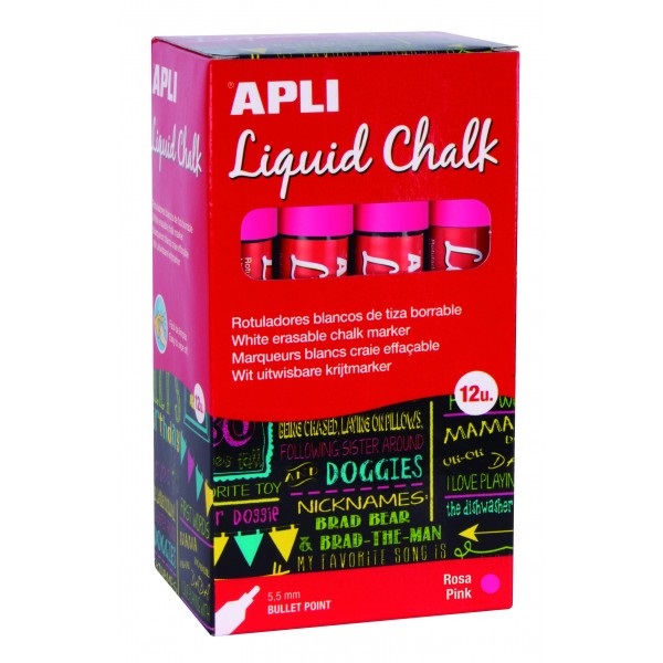 (12) Liquid Chalk APLI punta redonda 5,5mm rosa rotuladores de tiza líquida, fáciles de borrar
