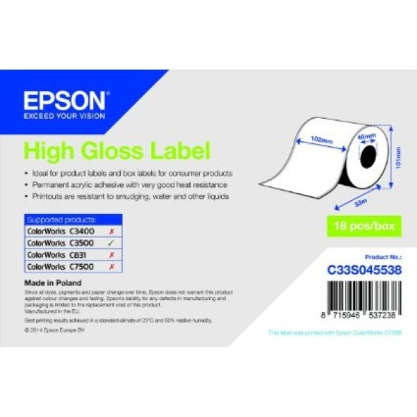 Rollo etiquetas EPSON High Gloss Label ColorWorks C3400 C3500 C831 C7500 - 102mm x 33m. (continua) Rollo etiquetas EPSON High Gloss Label ColorWorks C3400 C3500 C831 C7500 - 102mm x 33m. (continua)